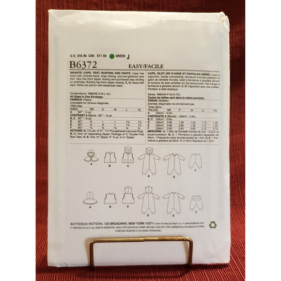 Infant Cape, Vest, Bunting & Pants Sewing Pattern Butterick B6372, Baby Clothes - Picture 3 of 5